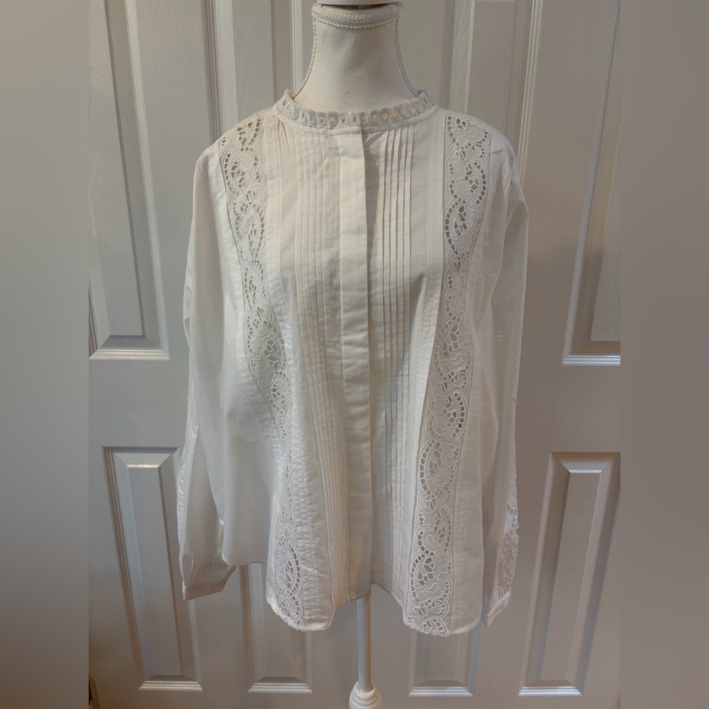 Madewell White Lace-Trim Pintuck Blouse